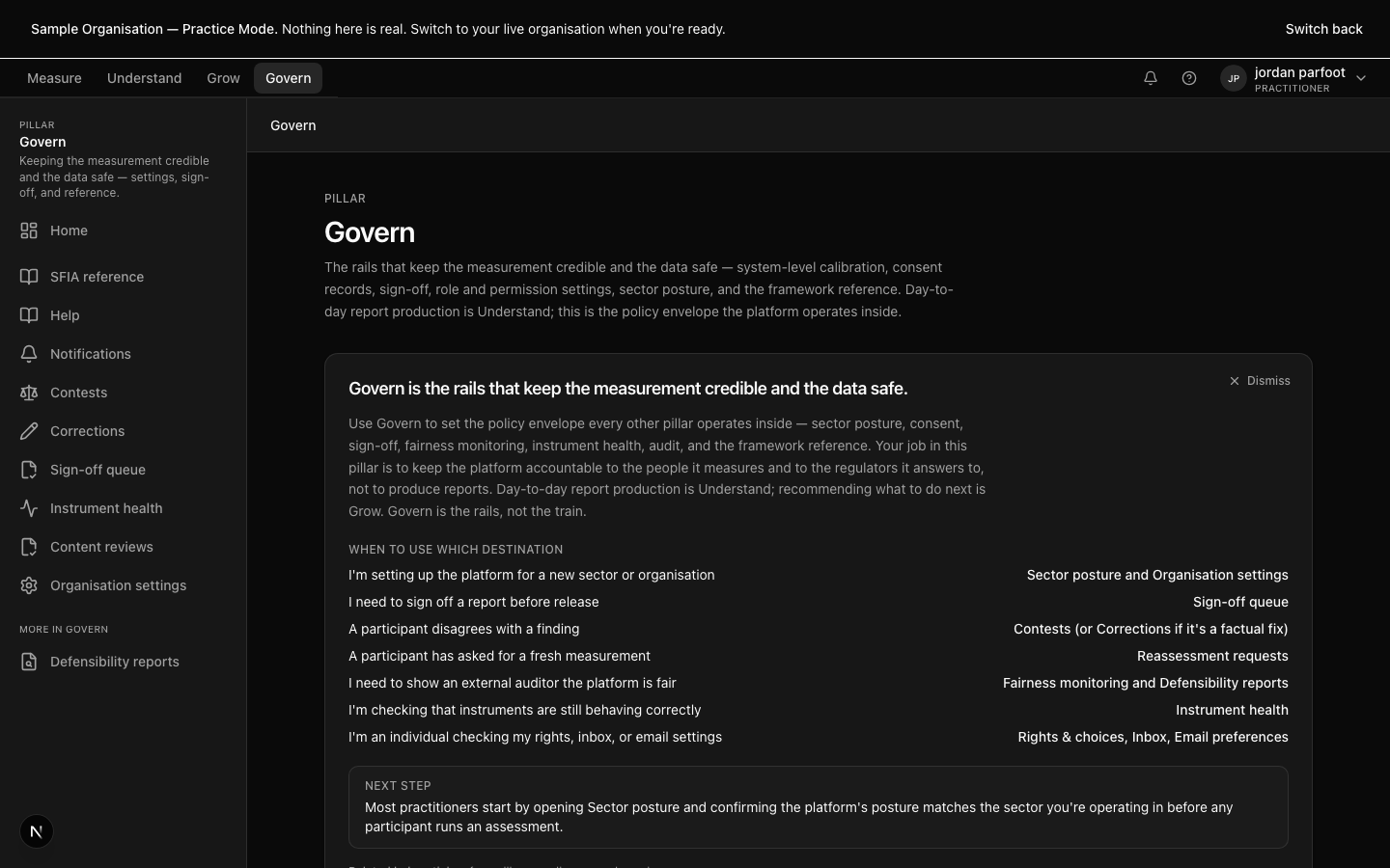 The Govern pillar — sign-off queue, fairness dashboard, and sector posture configuration.